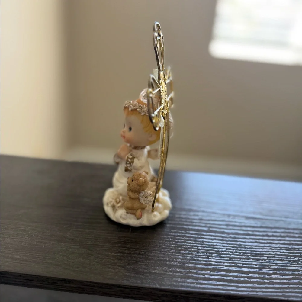 White and Gold Angel Favor Figurine with Teddy and Cross Accent